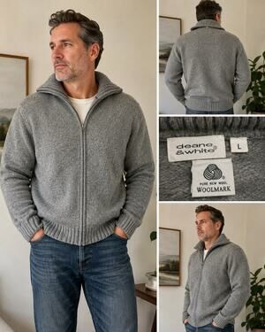 Deane & White 100% Wool Sweater Jacket Gray Zip Front Ribbed Collar L